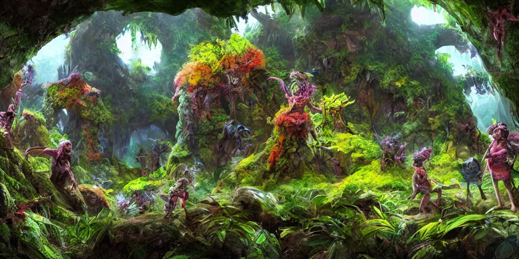 Prompt: concept art of explorers discovering an overgrown stone cave full of colorful alien plants, lush, vibrant, ecological, 3d matte painting