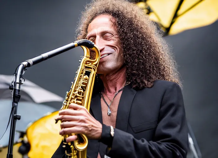 Image similar to photo still of kenny g on stage at vans warped tour!!!!!!!! at age 4 8 years old 4 8 years of age!!!!!!! playing saxophone, 8 k, 8 5 mm f 1. 8, studio lighting, rim light, right side key light