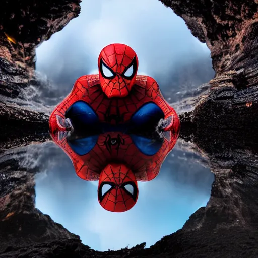 Image similar to head of the spiderman emerges from a lava lake, cave background, high detail, lava reflections, cave reflecting in the lava lake, dramatic shot