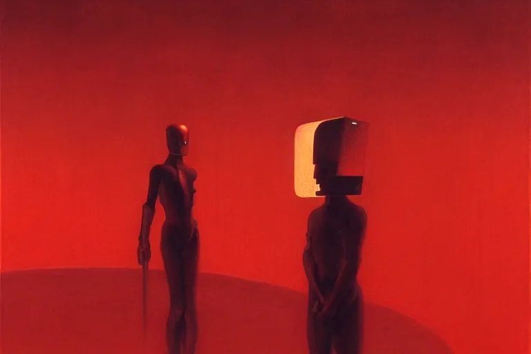 Image similar to only with red, a red samurai humanoid, tokio futuristic in background, yokai, in the style of beksinski, parts by edward hopper, parts by rodcenko, parts by yue minjun, intricate and epic composition, red by caravaggio, insanely quality, highly detailed, masterpiece, red light, artstation, 4 k