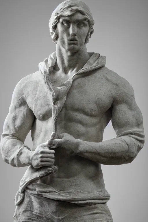 Prompt: marble sculpture of man in Adidas winter jacket sportswear holding a marble knife, intricate sculpture, chiseled muscles, godlike, museum photo