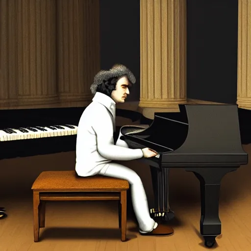 Image similar to beethoven composing at the piano, wearing a vr headset, dim lighting, dark room, candle light