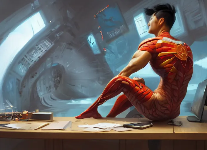 Image similar to an insanely detailed painting of an asian man wearing a homemade superhero costume, sitting at a desk, staring seriously at the computer and typing, in the style of peter mohrbacher, james jean, artgerm, dramatic lighting and composition, surreal background, octane render, pixar, trending on artstation, concept art, comic book, view from behind, 8 k