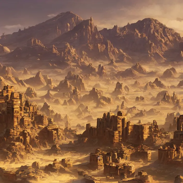 Prompt: large densely packed bustling old western style city in the middle of a sandy flat desert with a single mountain on the very distant horizon. magic the gathering art, digital media