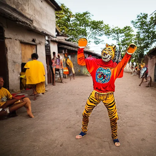 Prompt: man with tiger mask dance in a litte village, vibrant colors, photography