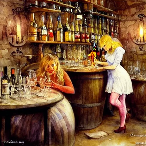 Image similar to hot blonde working in a wine cellar, food, pork, beer, schnapps, rustic, traditional, torches on the wall, watercolor by vladimir volegov and carl larsson