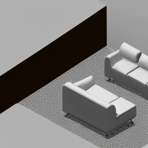 Prompt: 3d render of a corner section of a room, isometric, white background, couch and windows