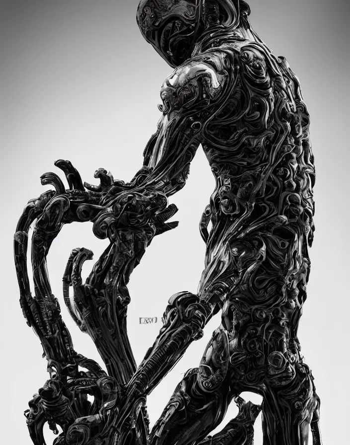 Image similar to engineer prometheus, xenomorph alien, highly detailed, symmetrical long head, smooth marble surfaces, detailed ink illustration, raiden metal gear, cinematic smooth stone, deep aesthetic, concept art, post process, 4k, carved marble texture and silk cloth, latex skin, highly ornate intricate details, prometheus, evil, moody lighting, hr geiger, hayao miyazaki, indsutrial Steampunk