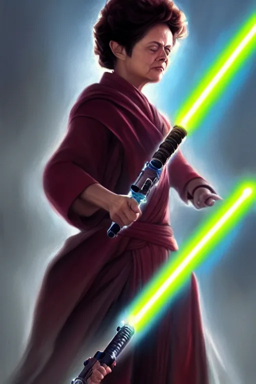 Image similar to breathtaking detailed concept art painting of a jedi dilma rousseff holding a lightsaber, by hsiao - ron cheng, exquisite detail, extremely moody lighting, 8 k