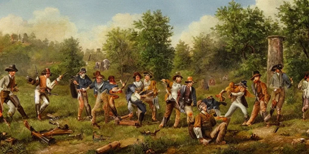 Prompt: 1800s painting of a country folk family shooting at zombies in the woods