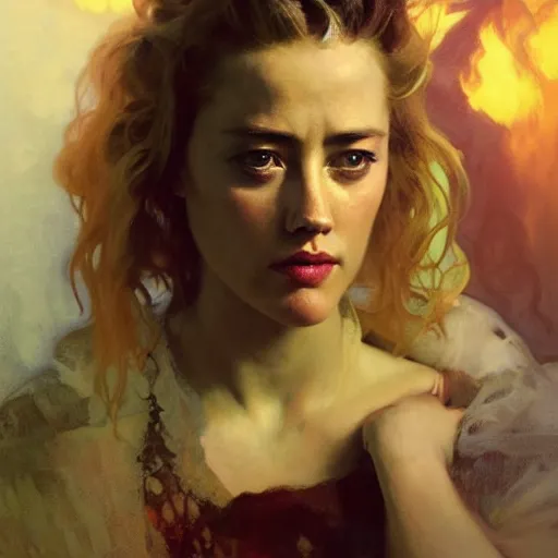 Image similar to hyperrealistic portrait of a woman as amber heard dining in hell by jeremy mann and alphonse mucha, fantasy art, photo realistic, dynamic lighting, artstation, poster, volumetric lighting, very detailed faces, 4 k, award winning