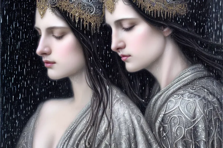 Image similar to highly detailed portrait of a beautiful girl in the rain with wet dark hair and pale skin, ornate elegant silver robes, fantasy, intricate, elegant, dramatic lighting, emotionally evoking symbolic metaphor, highly detailed, lifelike, photorealistic, digital painting, artstation, concept art, smooth, sharp focus, illustration, art by John Collier and Albert Aublet and Krenz Cushart and Artem Demura and Alphonse Mucha