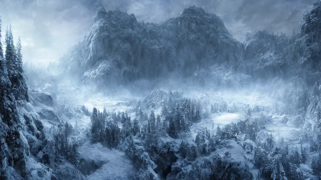 Prompt: view from top of giant wall made of ice to dense snowy forest below, nightswatch, the wall, game of thrones, volumetric lighting, fantasy artwork, very beautiful scenery, very realistic painting effect, hd, hdr, cinematic 4 k wallpaper, 8 k, ultra detailed, high resolution, artstation