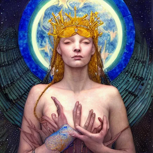 Image similar to queen of the moon with stars in her hair, by annie swynnerton and tino rodriguez and donato giancola and diego rivera and nicholas roerich and jean delville and charlie bowater and dulac, dramatic lighting, god rays, geometric tattoos, rich colors, smooth sharp focus, extremely detailed, leo and diane dillon, adolf wolfli