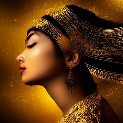 Prompt: asian girl, liquid golden and black fluid, magic hour, dramatic light, liquid painting, golden bodypaint, world best photography, indian patterns, bokeh, golden jewelry filigree, body detaily, ornaments, fresco by michealangelo, golden rays, god rays, epic cinematic wallpaper