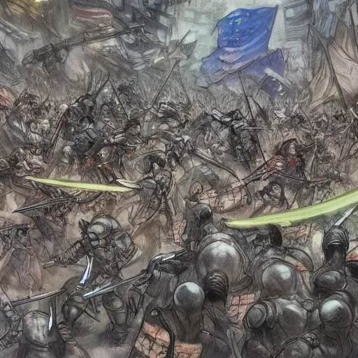 Image similar to one hero with sword looking at army of swordsmen in the background, in the middle of an arena, crowd of people, pencil art, straight, clear, added detail, high definiton, colored, backfacing, by yoji shinkawa