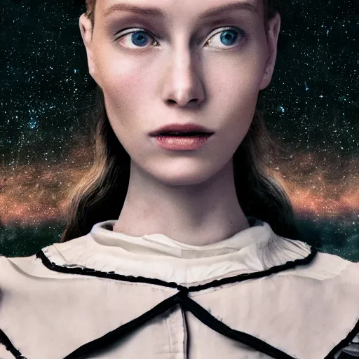 Image similar to Fashion photography of a woman wearing an outfit inspired by Interstellar (2014), artistic photography, cinematic lighting, insanely detailed, Vogue magazine