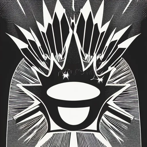 Image similar to a glowing crown sitting on a table with one large beautiful eye on top of it like a jewel, stars on top of the crown, night time, vast cosmos, geometric light rays exploding outwards into stars, sharp bold black lines, flat colors, minimal psychedelic 1 9 5 0 s poster illustration