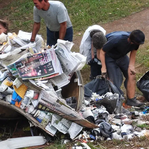 Image similar to a family of raccoon digging through a gigantic mound of trash and newspapers and junk