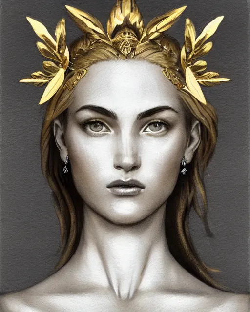 Image similar to front view of beautiful aphrodite greek goddess wearing a gold laurel wreath and triangle earrings, realism tattoo sketch, beautiful piercing eyes with sharp pupils, beautiful blonde hair, in the style of greg rutkowski, fantasy, amazing detail, epic, elegant, smooth, sharp focus