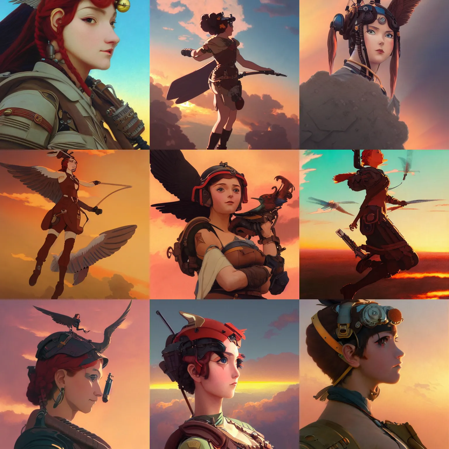 Prompt: portrait of a dieselpunk valkyrie taking flight into a vivid sunset, finely illustrated face, highly detailed, colored pencil, studio ghibli, anime key visual, in the style of ilya kuvshinov and krenz cushart and william - adolphe bouguereau