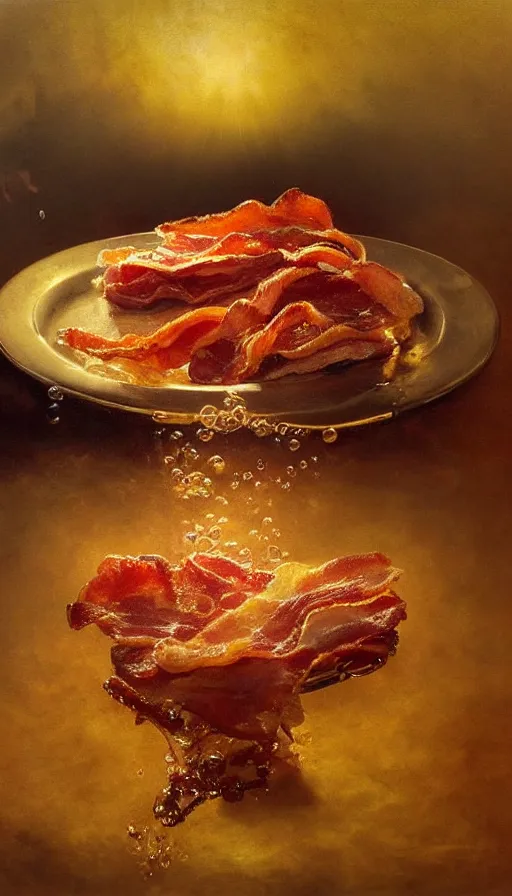 Image similar to painting of bacon sizzling, by Peder Krøyer, dramatic lighting, volumetric lighting, bubbles, golden hour, epic, intricate detail, canvas print