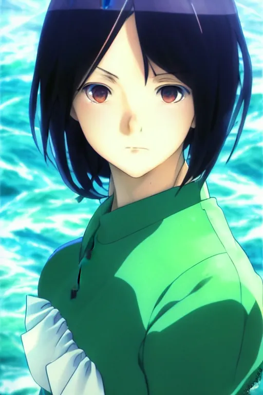 Image similar to makoto shinkai, artgerm, ilya kuvshinov, beautiful anime women with green dress, long blue hair, water powers water swirling, symmetrical face, symmetrical eyes, detailed, beach setting, cinematic lighting