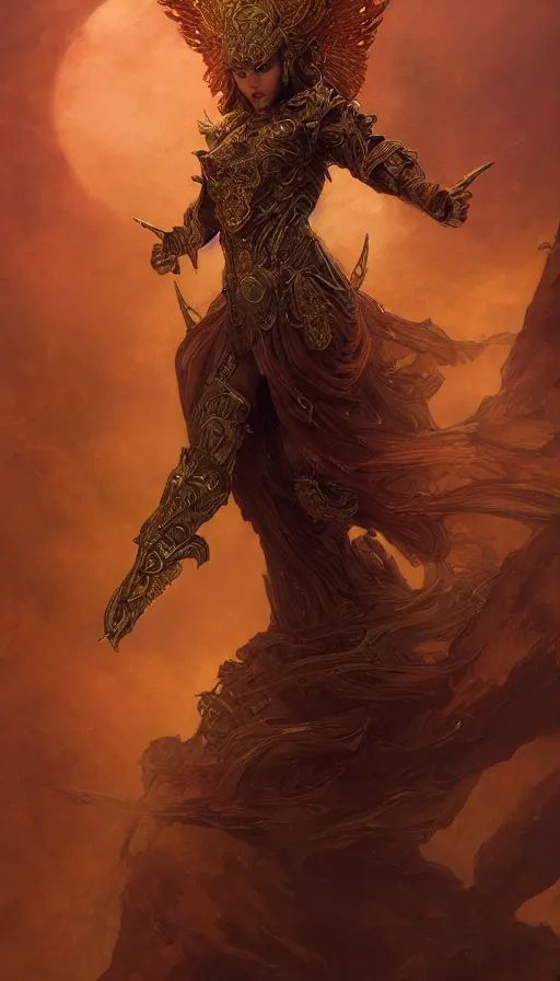 Prompt: ascending dark full body redhead goddess angel, madison beer, intricate armor, highly detailed, glowing, action pose, cinematic, art deco, gold filigree, ethereal, alfonso mucha, zdzisław beksinski, andrei ryabovichev, shaun tan, chriss foss, peter mohrbacher, 4 k