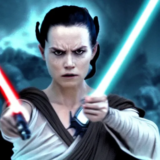 Image similar to evil corrupted rey from star wars, sith lord, dark side, cinematic movie image, both hands raised to use the force, hd photo, full body shot, face focus