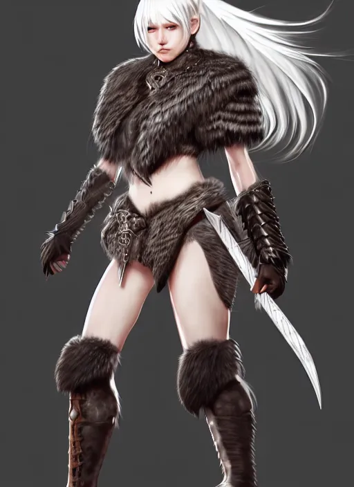 Image similar to barbarian, fur leather armor!!! beautiful and elegant white hair female!! gorgeous ayes!! character concept art, sharp focus, octane render! unreal engine 5! highly rendered!! trending on artstation!! detailed linework!! illustration by artgerm, wlop, and chie yoshii