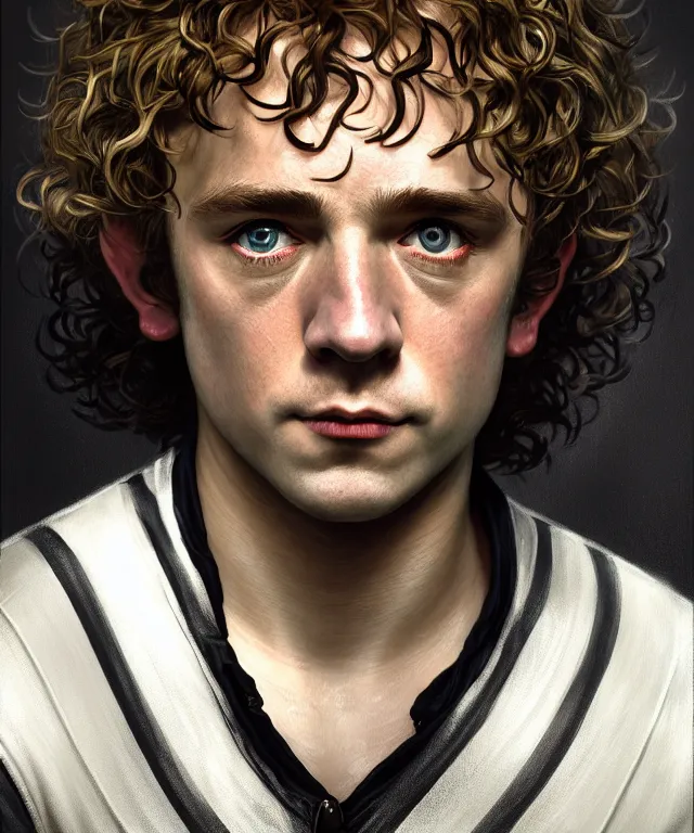 Prompt: a detailed fifty mm portrait of meriadoc brandybuck as a hobbit in a black adidas track suit with white stripes, headshot, highly detailed, digital painting, artstation, concept art, sharp focus, cinematic lighting, illustration, art by met mangindaan, artgerm and greg rutkowski, alphonse mucha, cgsociety