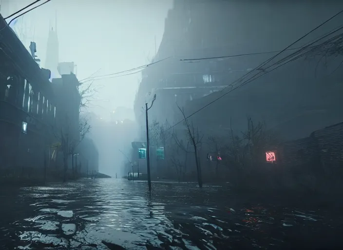 Prompt: dark, misty, foggy, flooded new york city street swamp in Destiny 2, liminal creepy, dark, dystopian, abandoned highly detailed 4k 60fps in-game destiny 2 screenshot gameplay showcase