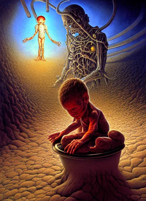 Prompt: realistic detailed image of a little small boy in a ##hospital bed## surrounded by Extraterrestrial aliens in a huge sand desert of eternal eternity doom. by Ayami Kojima, Amano, Karol Bak, Greg Hildebrandt, and Mark Brooks, Neo-Gothic, gothic, rich deep colors. Beksinski painting, part by Adrian Ghenie and Gerhard Richter. art by Takato Yamamoto. masterpiece .ntricate artwork by Tooth Wu and wlop and beeple, greg rutkowski, very coherent symmetrical artwork, cinematic, hyper realism, high detail, octane render, unreal engine, 8k, Vibrant colors, Smooth gradients, High contrast, depth of field. by Katsuhiro Otomo, full body character drawing, inspired by Evangeleon, clean ink detailed line drawing, intricate detail, extremely detailed, 8k. painting by Arthur Rackham, Eugene de Blaas, Frederic Leighton