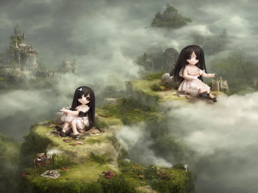 Image similar to cute fumo plush gothic angel maiden girl sitting on a floating island, isometric projection, wisps of smoke and volumetric fog, vignette, orthographic, vray