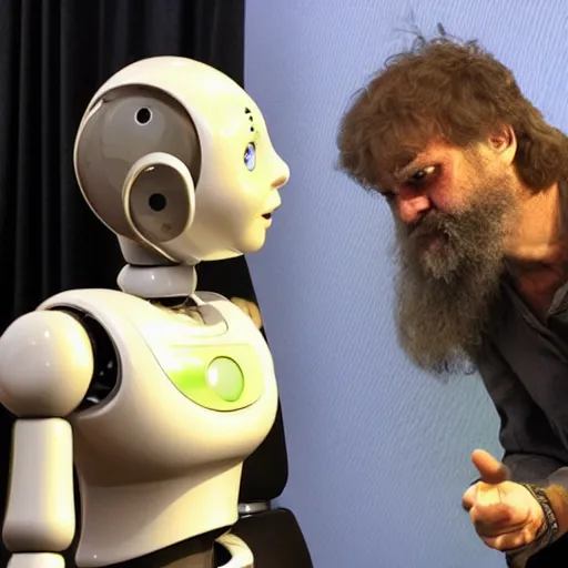 Prompt: caveman talking to a robot, award - winning photo