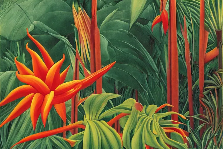 Image similar to heliconia in a graden, art by Henri Rousseau, studio Ghibli