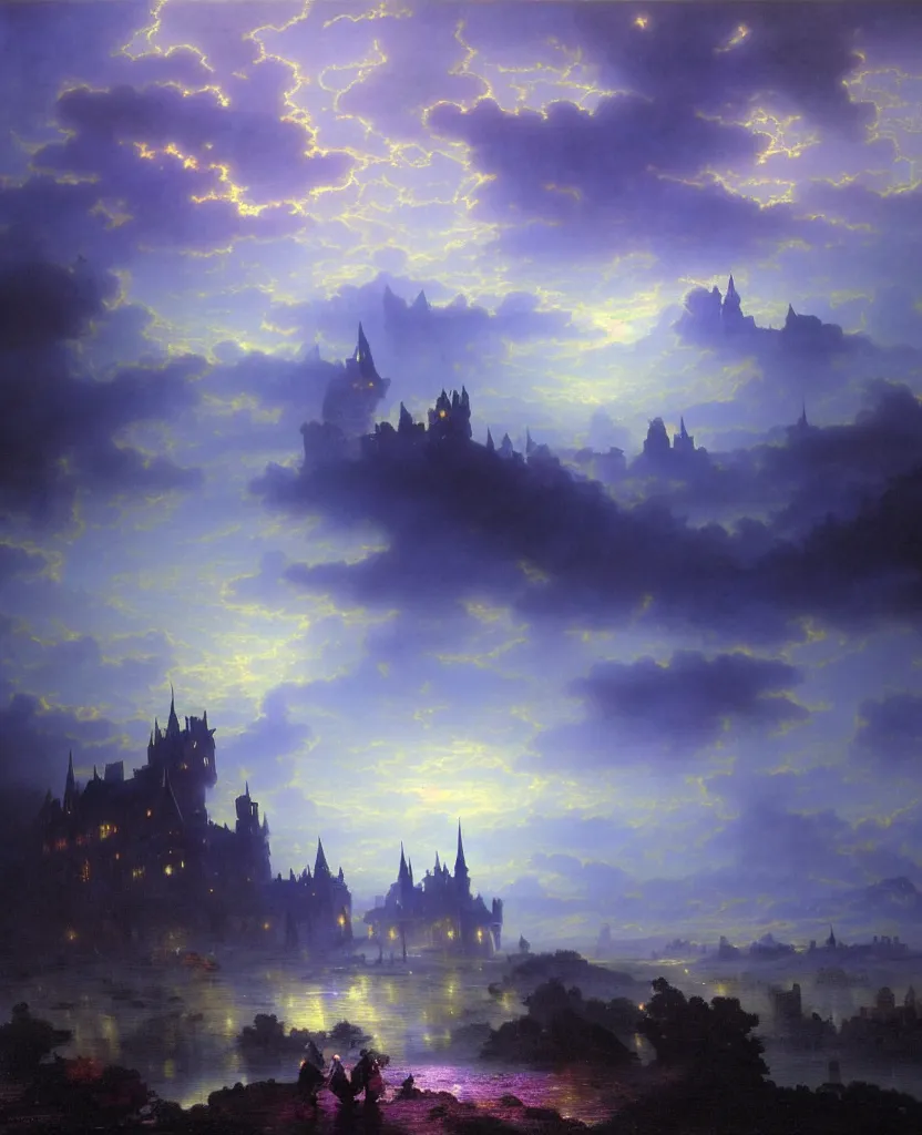 Prompt: beautiful matte airbrush painting of a of a fantasy landscape made of clouds with a european medieval castle made of light in the distance, ispired by gilbert williams, clear painting and good lighting, dark blue and intense purple color palette, mystical fog, art by yoshitaka amano, andreas achenbach, alfons mucha