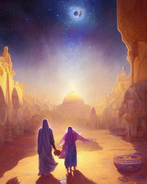 Image similar to bedouin man and woman and child in galaxy walking towards mosque surrounded by nebula, highly detailed, gold filigree, romantic storybook fantasy, soft cinematic lighting, award, disney concept art watercolor illustration by mandy jurgens and alphonse mucha and alena aenami, pastel color palette, featured on artstation