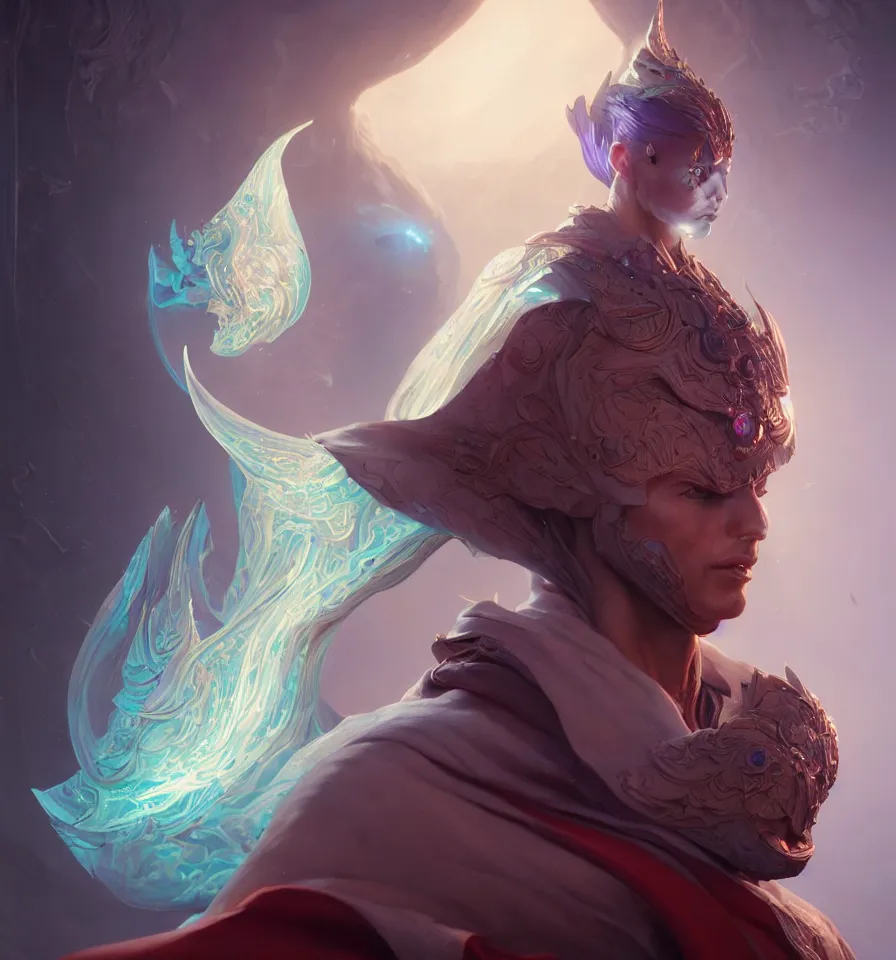 Image similar to portrait of a beautiful prince in robe. bio luminescent biomechanical halo around head. artwork by jarold Sng by artgerm, by Eddie Mendoza, by Peter mohrbacher by tooth wu, unreal engine, octane render, cinematic light, high details, iridescent colors, dichroic, macro