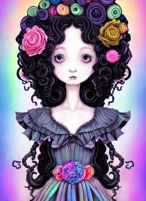 Image similar to dark fantastic illustration of beautiful girl witch with a robot, curls hair, rococo ruffles dress, rosette, symmetrical face, pastel rainbow, pearlescent, cute, fairy, rim light, detailed background, by mai yoneyama, rolua, manga, artstation, concept art, highly detailed, colorful, maximalist