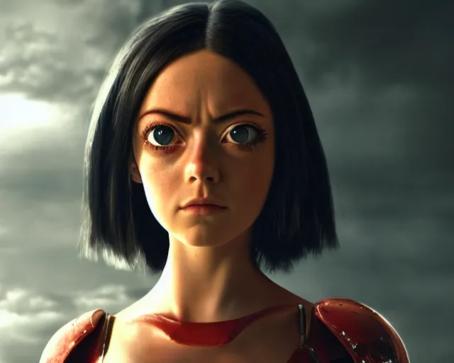 Image similar to a film still from battle angel alita played by actress emma stone, portrait, cinematic lighting, photorealistic, hyperrealistic, highly detailed, photorealistic, high resolution, 4 k