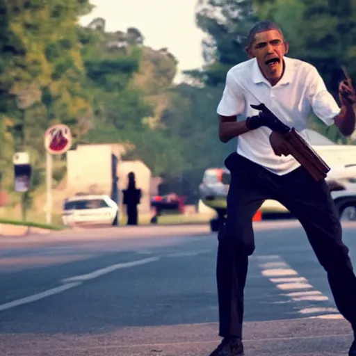 Image similar to angry barack obama shooting and terrorizing people in the hood, 8k resolution, full HD, cinematic lighting, award winning, anatomically correct