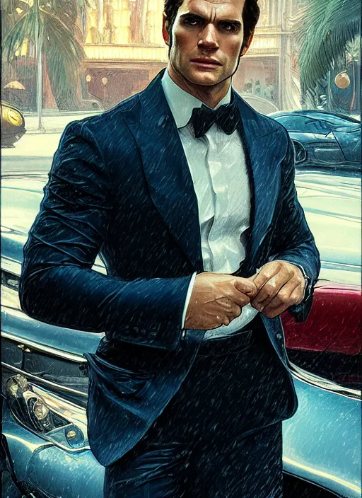 Image similar to portrait of henry cavill as james bond, casino, rain, vintage car, highly detailed, digital painting, artstation, concept art, cinematic lighting, sharp focus, illustration, by gaston bussiere alphonse mucha