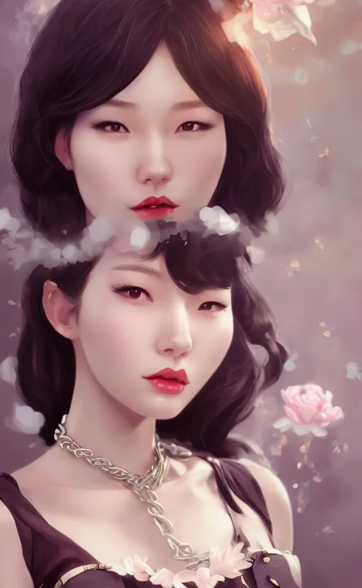 Image similar to a pin up and beautiful fashion charming dreamlke korea girl with lv jewelry, character art, art by artgerm lau and kyoung hwan kim and and ilya kuvshinov and john singer sargent, hyperdetailed, 8 k realistic, symmetrical, frostbite 3 engine, cryengine, dof, trending on artstation, digital art