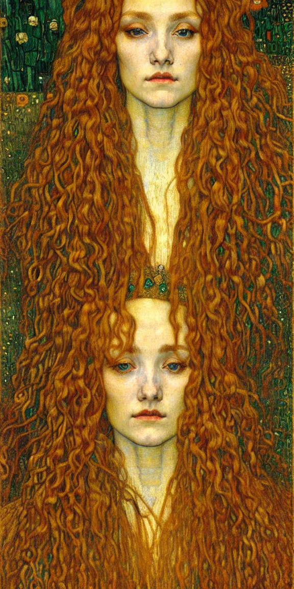 Image similar to detailed realistic beautiful young medieval queen face portrait by jean delville, gustav klimt and vincent van gogh, art nouveau, symbolist, visionary, gothic, pre - raphaelite, muted earthy colors, desaturated