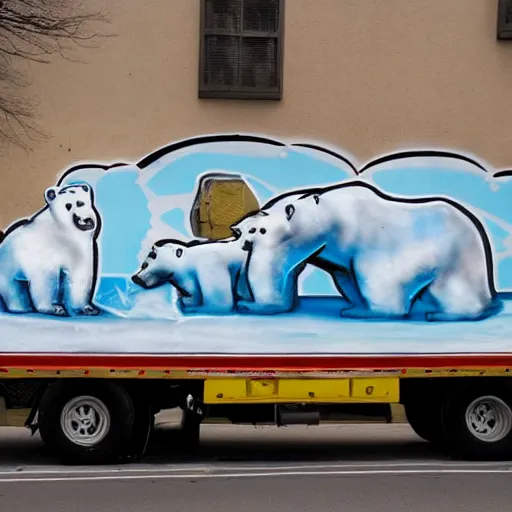 Image similar to a graffiti on a wall showing a polar bear driving a truck on ice