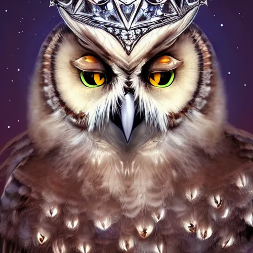 Prompt: detailed portrait of a magical owl, wearing a diamond crown, glowing feathers, digital art, realistic, dnd, character design, artstation