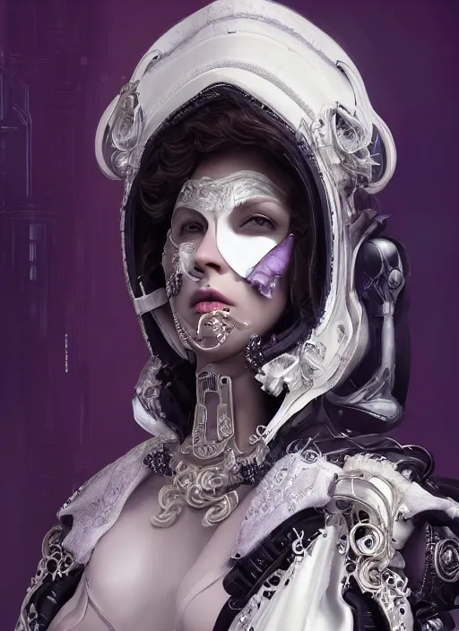 Image similar to a beautiful baroque cyborg with a white techwear mask, purple garment with art nouveau ivory accessories, dressed in black intricate lace and jewels, ethereal, misty, cyberpunk, darksynth, luxury, concept art by zeen chin, extremely detailed, artstation, andree wallin, edvige faini, alphonse mucha, 8 k, unreal engine 5