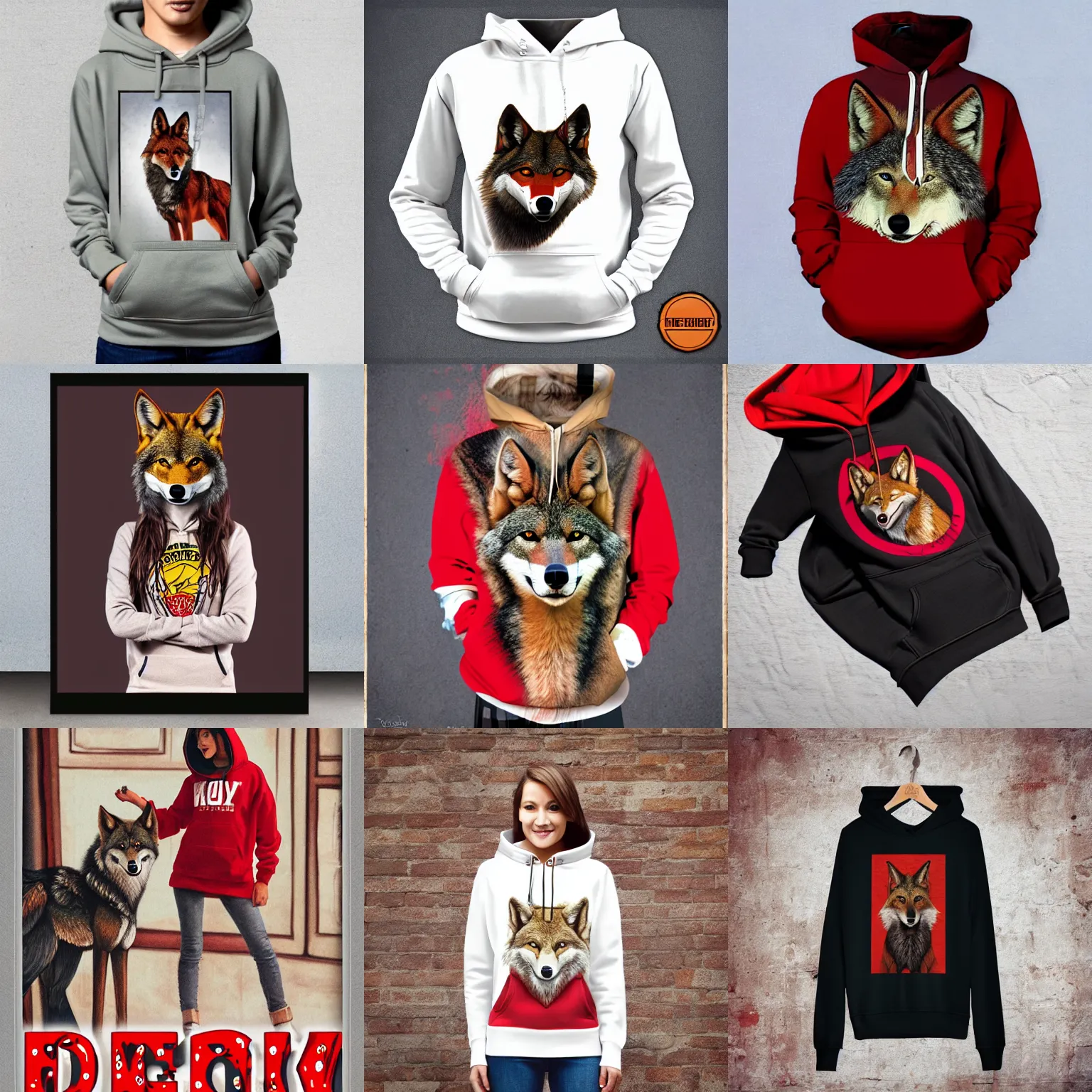 Prompt: anthro female red wolf wearing hoody, poster