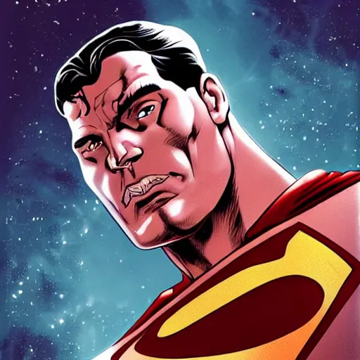 Prompt: portrait of superman mixed with darkseid, in space, on abandoned planet